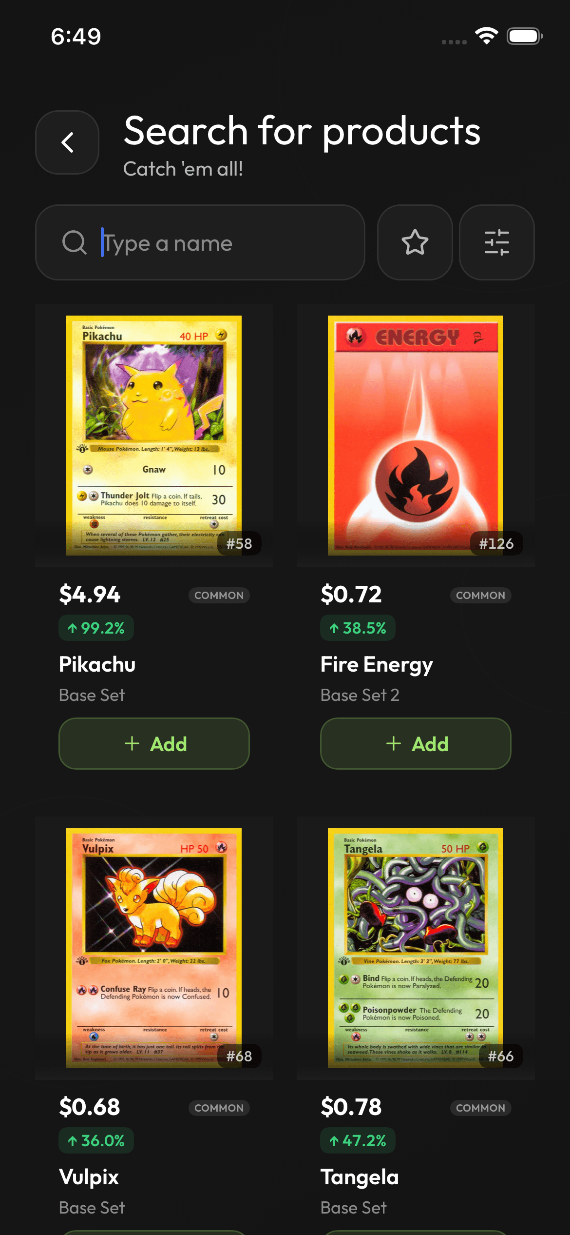 Stakd product search screen