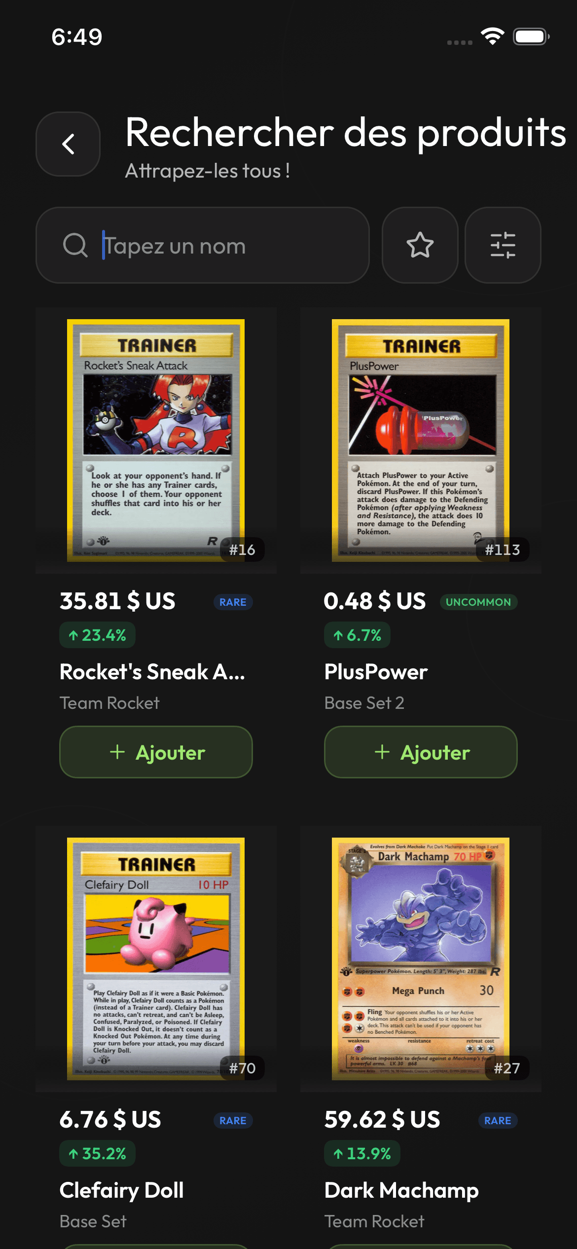 Écran recherche de produits de Stakd