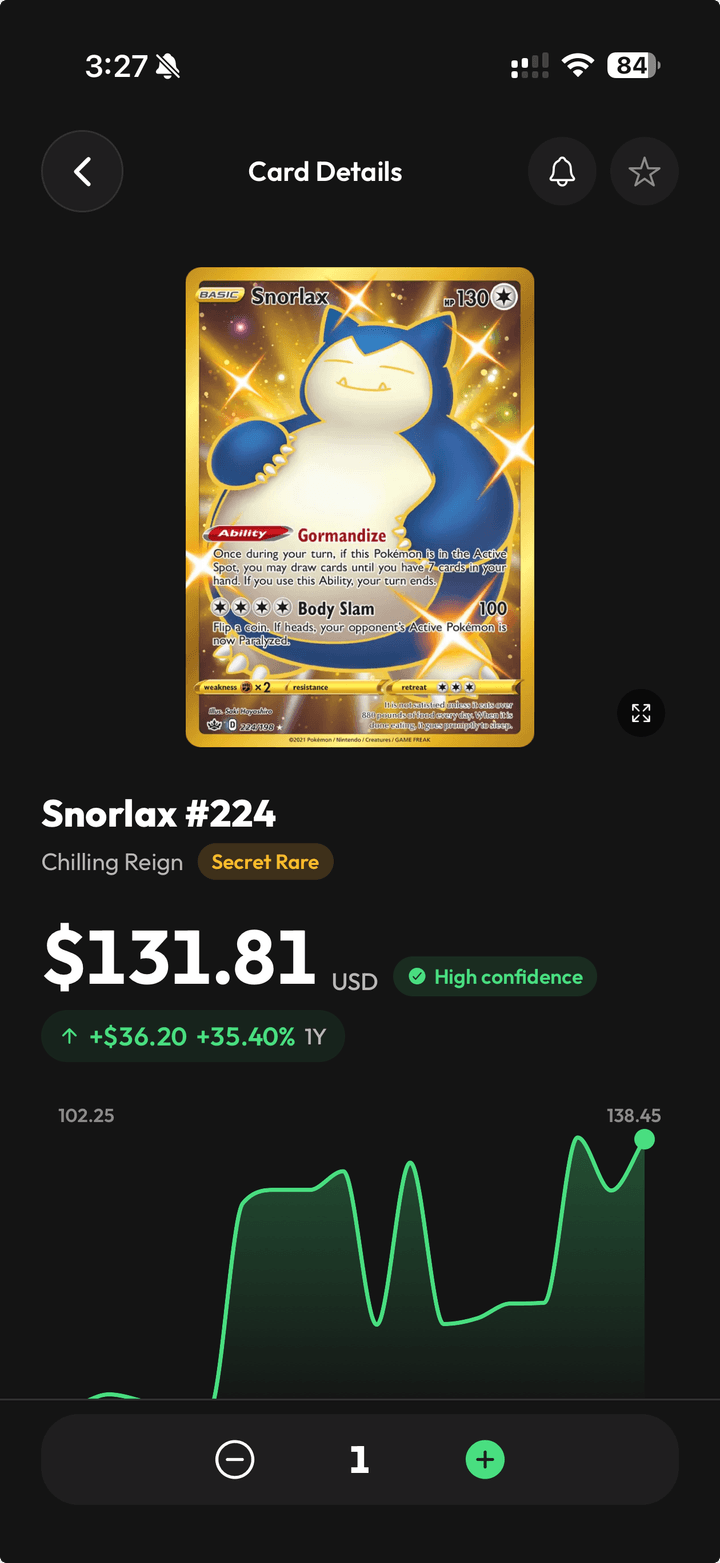 Card detail in Stakd: price, confidence and one-year history