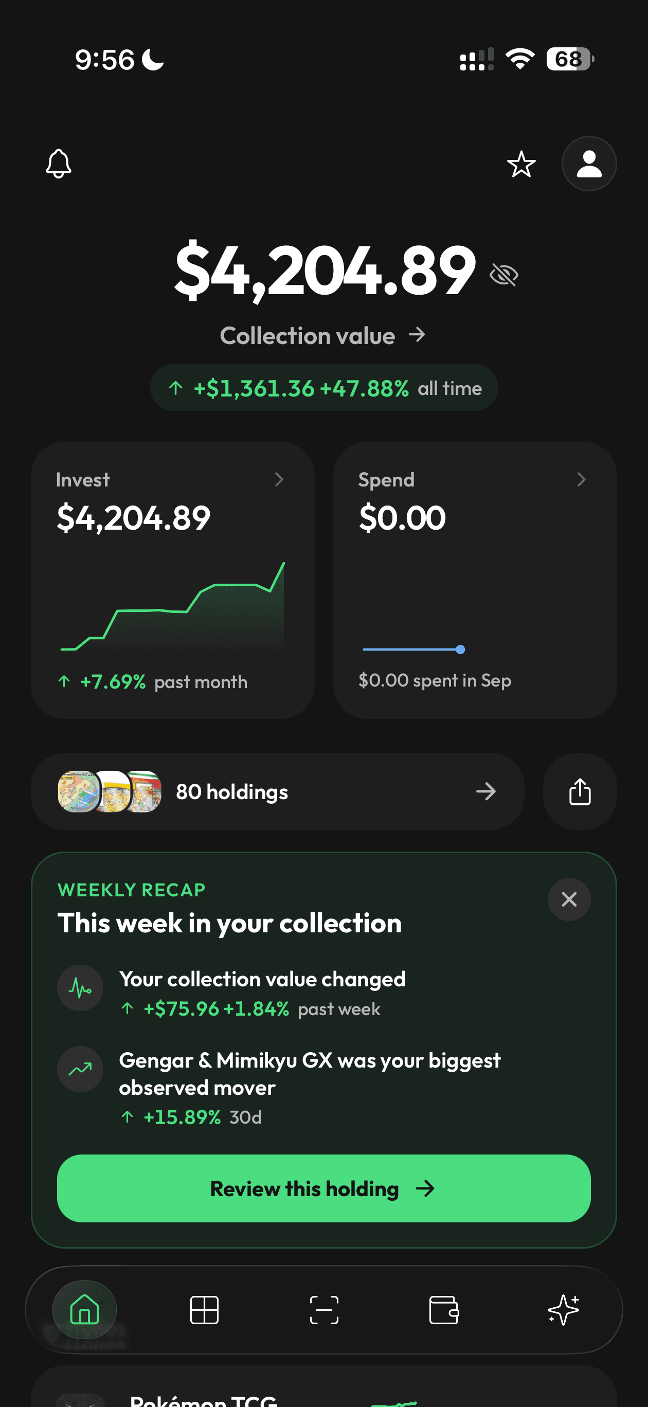 Stakd home: collection value, investments, spending and weekly recap